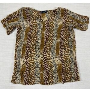 Lotus Women 1X Mixed Animal Print V-Neck Blouse Zebra Leopard Giraffe Rayon